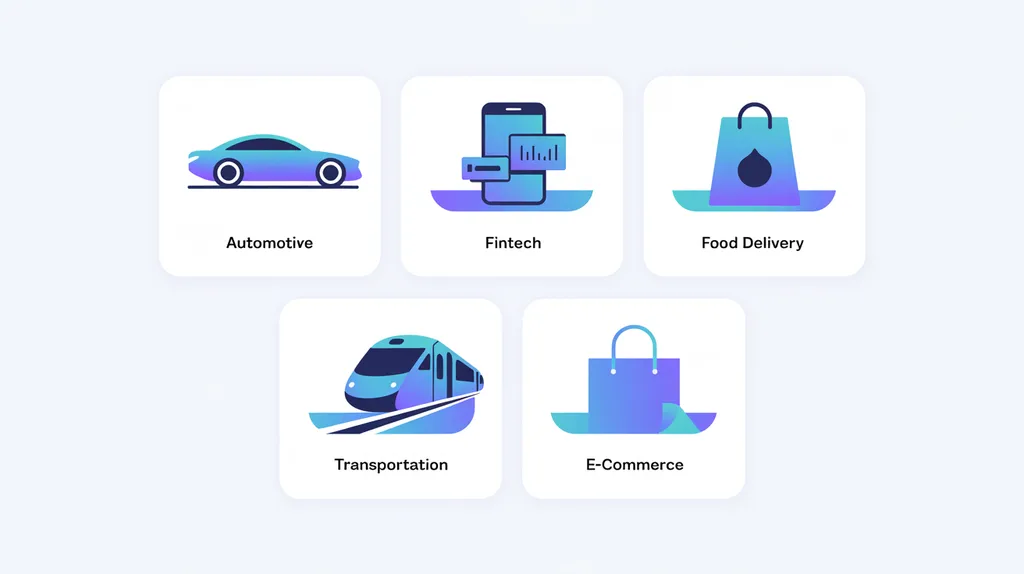 Icon grid of top Flutter industries: automotive, fintech, food delivery, transport, and e-commerce