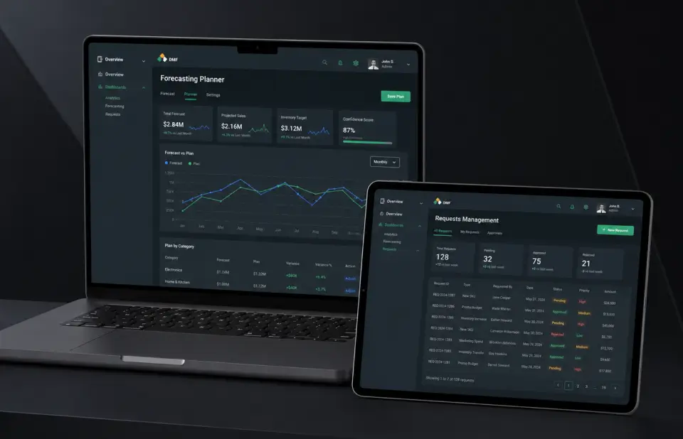 AI forecasting platform on a laptop (forecasting planner) and a tablet (requests management queue)