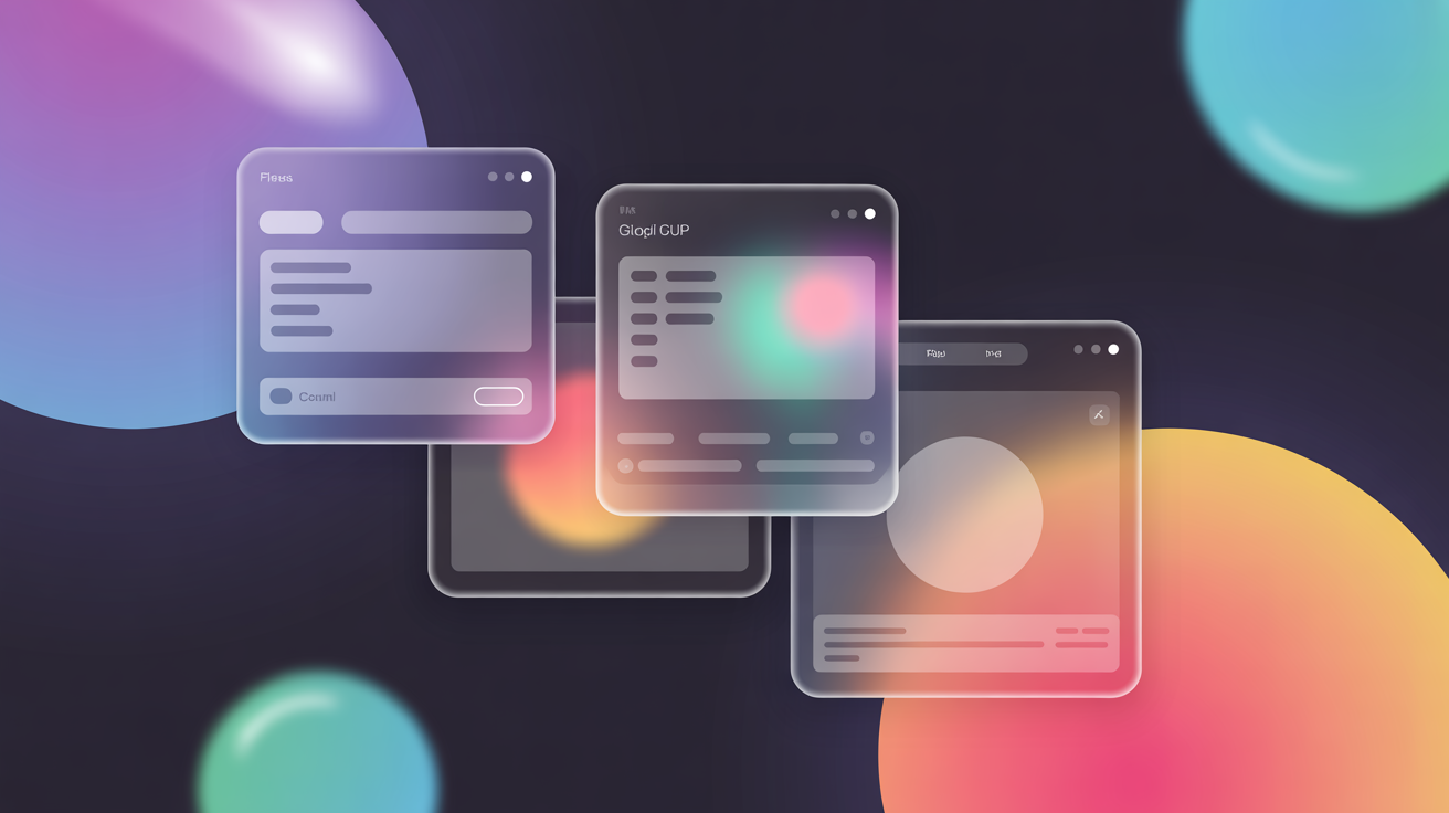 Glassmorphism UI with floating frosted panels, blurred transparency, and light refraction — Apple Liquid Glass 2026