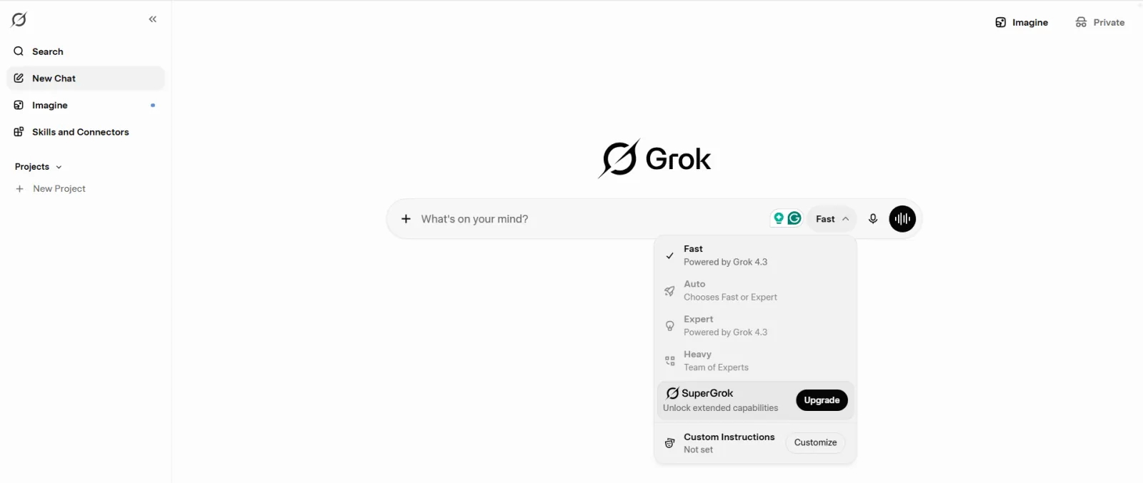 Grok chat interface with the response-mode menu open, showing Fast, Auto, Expert and Heavy