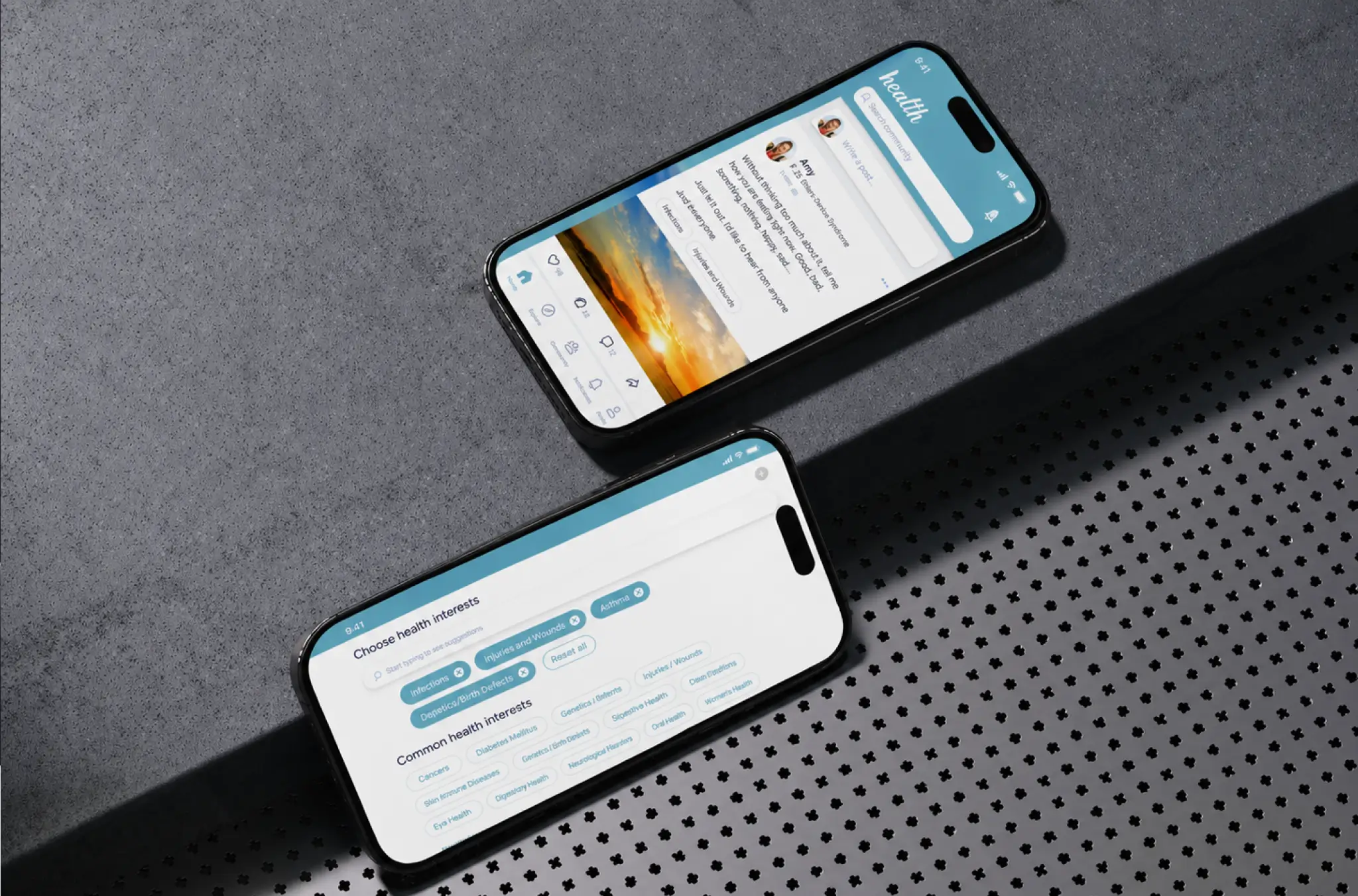 Two phones showing the health community app post feed with a shared photo and the choose health interests selection screen