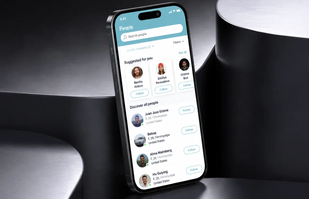 Health community app People screen on a phone with suggested members, health interest filters and follow buttons