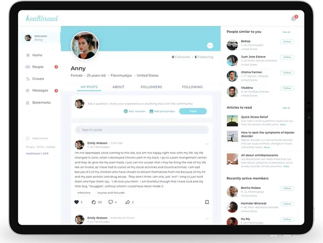 Health community app dashboard on a tablet showing a member profile, the post feed, suggested people with similar diseases and health articles