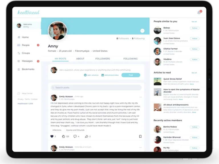 Health community app dashboard on a tablet showing a member profile, the post feed, suggested people with similar diseases and health articles