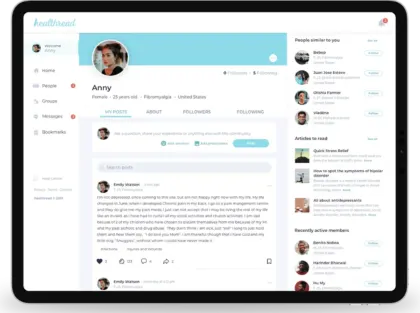 Health community app dashboard on a tablet showing a member profile, the post feed, suggested people with similar diseases and health articles
