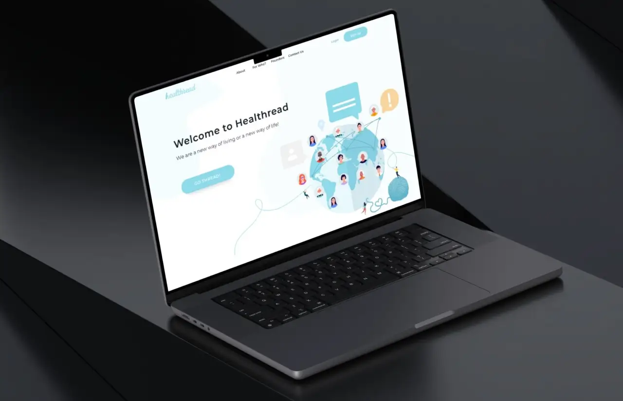 Healthread welcome landing page on a laptop with an illustration of people connected around a globe