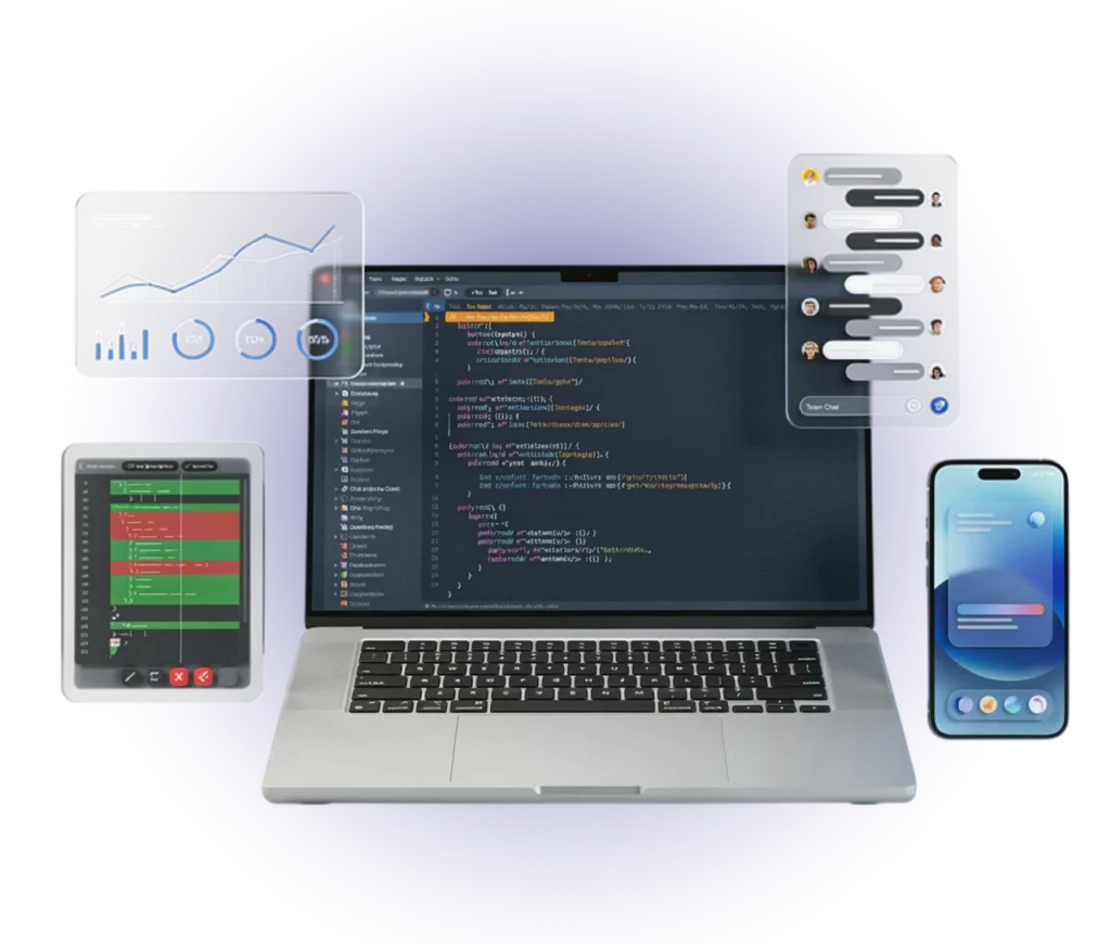 Illustration of a custom web development workspace: a laptop showing a code editor, with floating analytics, team chat, tablet and mobile app panels around it.