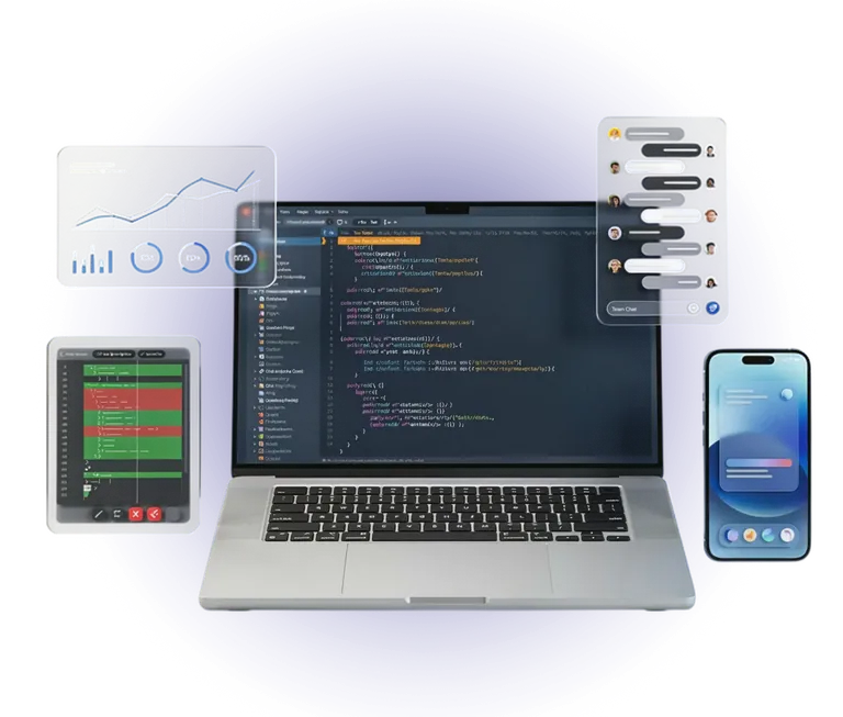 Illustration of a custom web development workspace: a laptop showing a code editor, with floating analytics, team chat, tablet and mobile app panels around it.