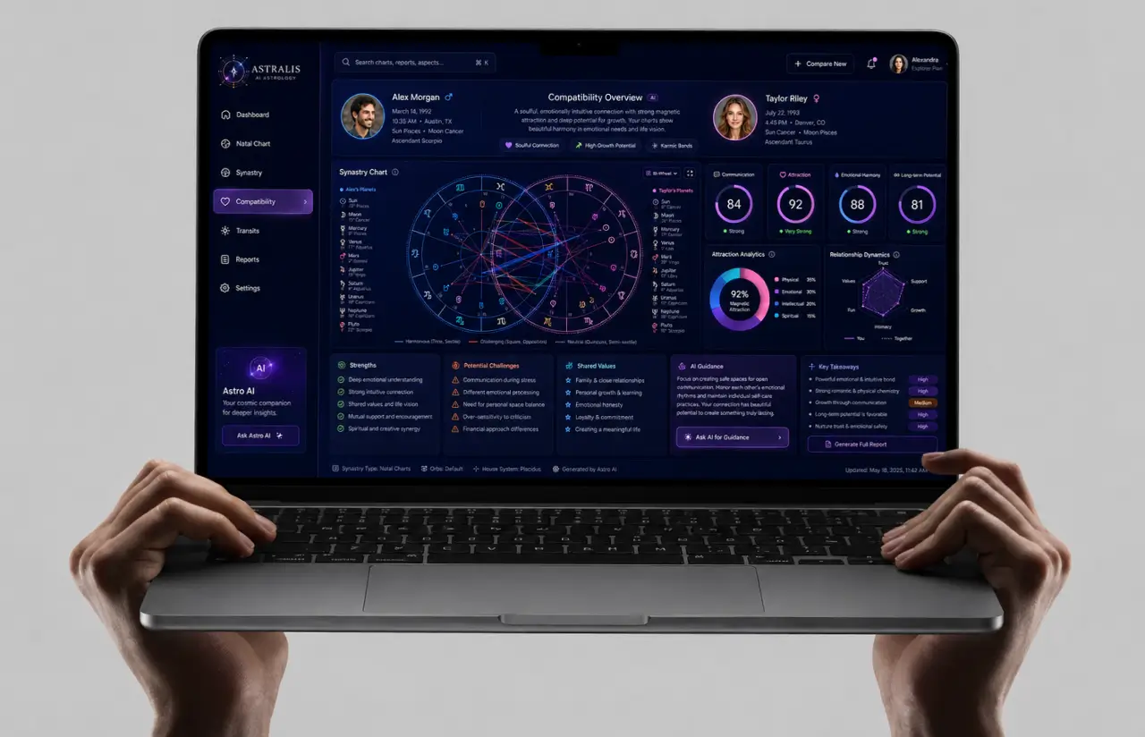Laptop showing the compatibility screen: a synastry chart for two people with communication, attraction, emotional harmony and long-term potential scores