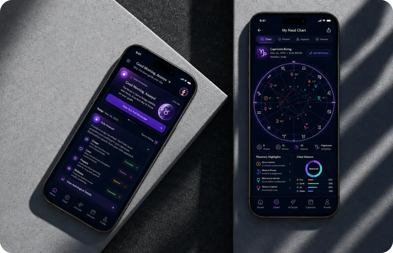 Horoscope app daily forecast and natal chart screens