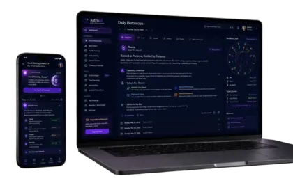 Phone showing a daily horoscope forecast next to a laptop with the AstroAI dashboard: the Taurus daily reading, planetary overview and the user's birth chart