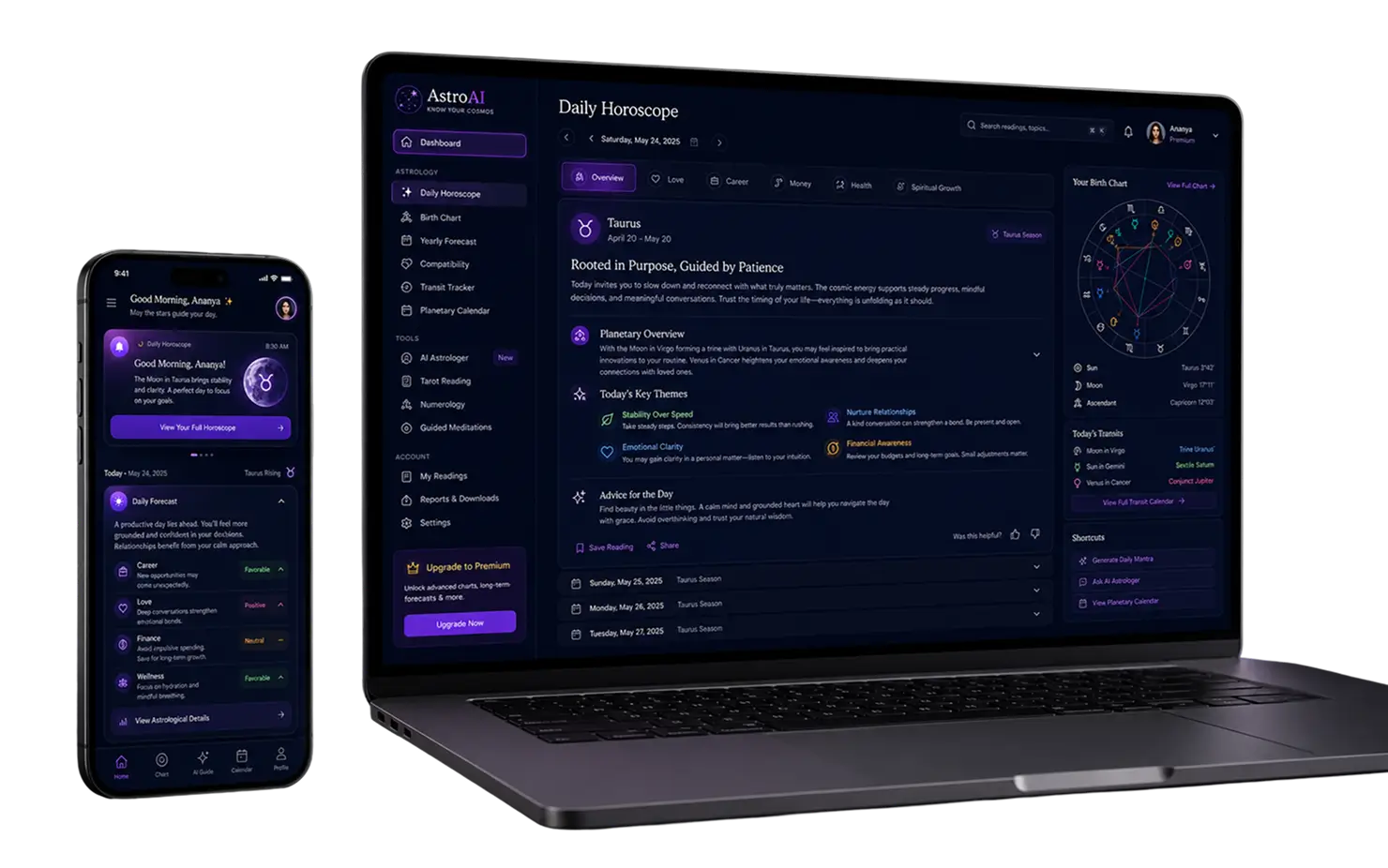 Phone showing a daily horoscope forecast next to a laptop with the AstroAI dashboard: the Taurus daily reading, planetary overview and the user's birth chart