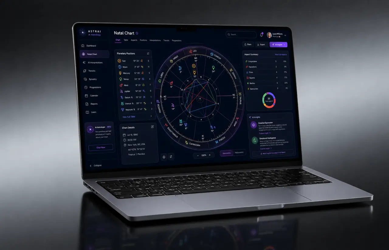 Laptop showing the desktop natal chart: planetary positions, the chart wheel, an aspect summary and AI-generated insights