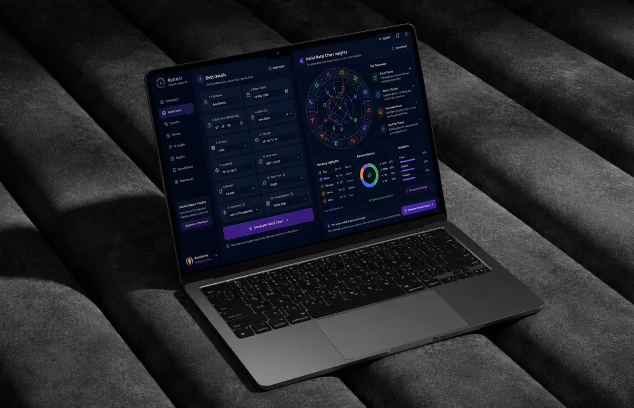 Laptop showing the AstroAI natal chart generator: a birth details form on the left and AI-generated natal chart insights with planetary highlights on the right
