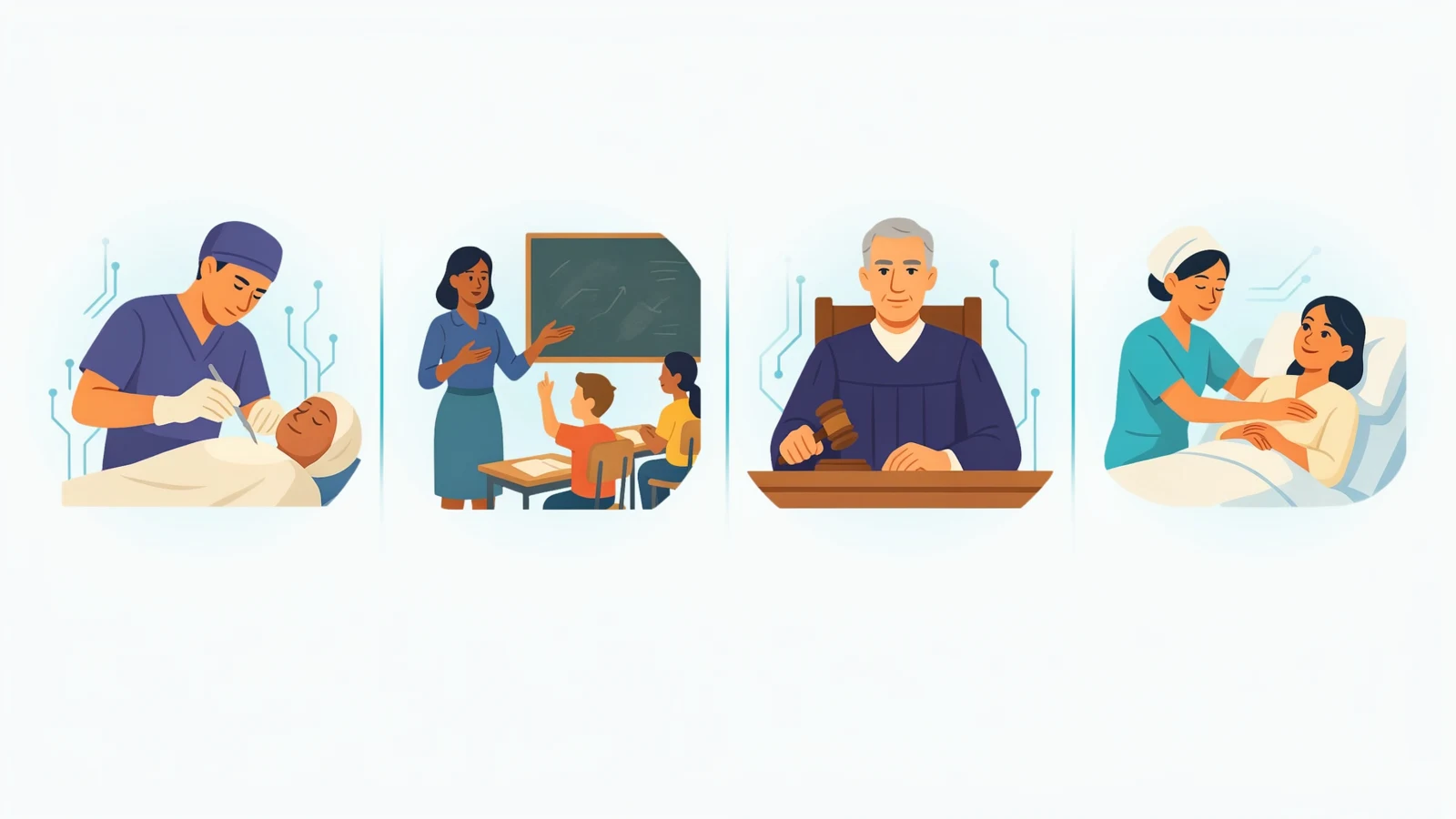 Surgeon, teacher, judge and nurse at work, representing the jobs AI won't replace