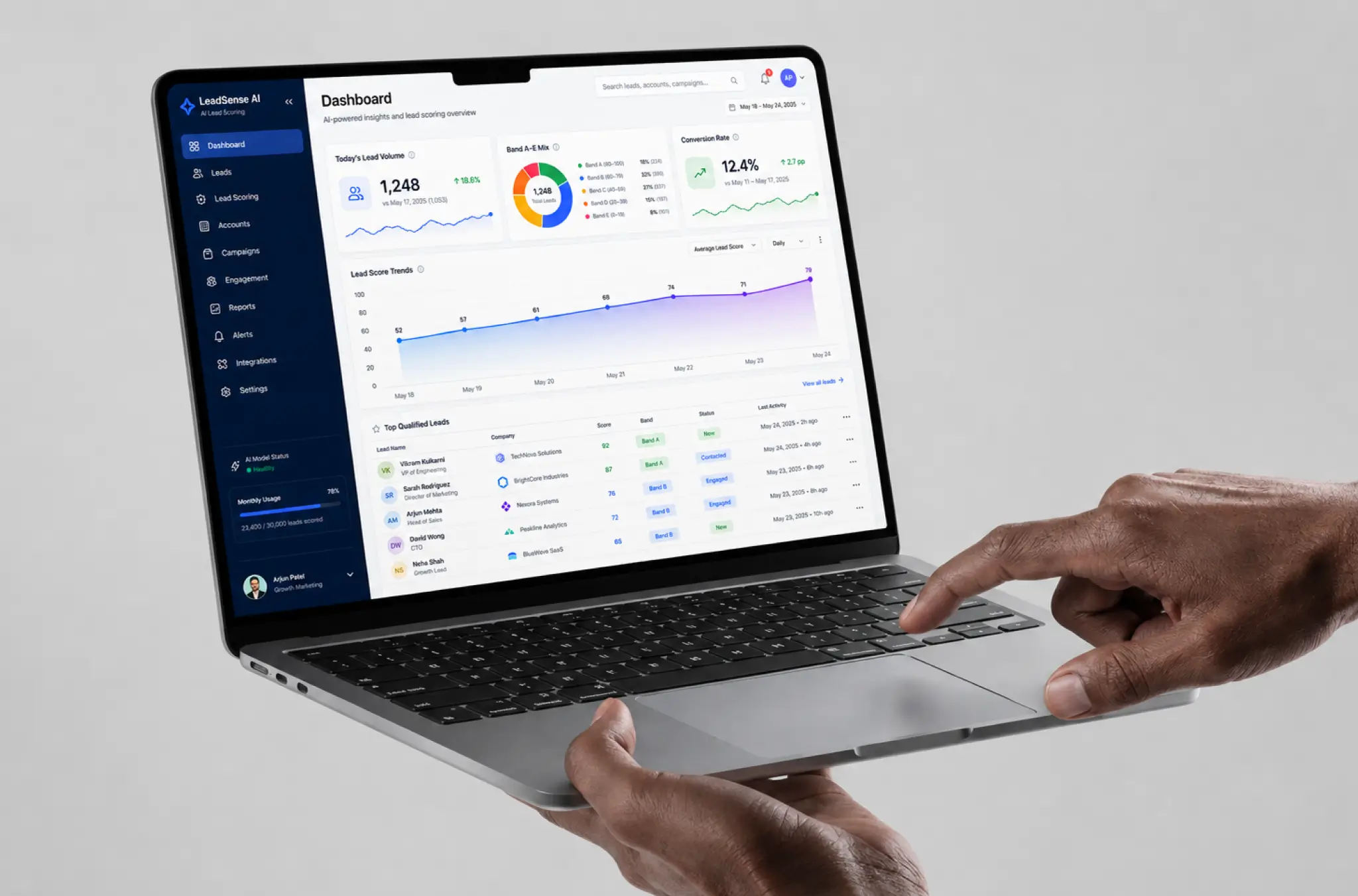Hands holding a laptop showing the LeadScore AI dashboard with total leads, score distribution donut, a lead-score trend chart and a top-qualified-leads table