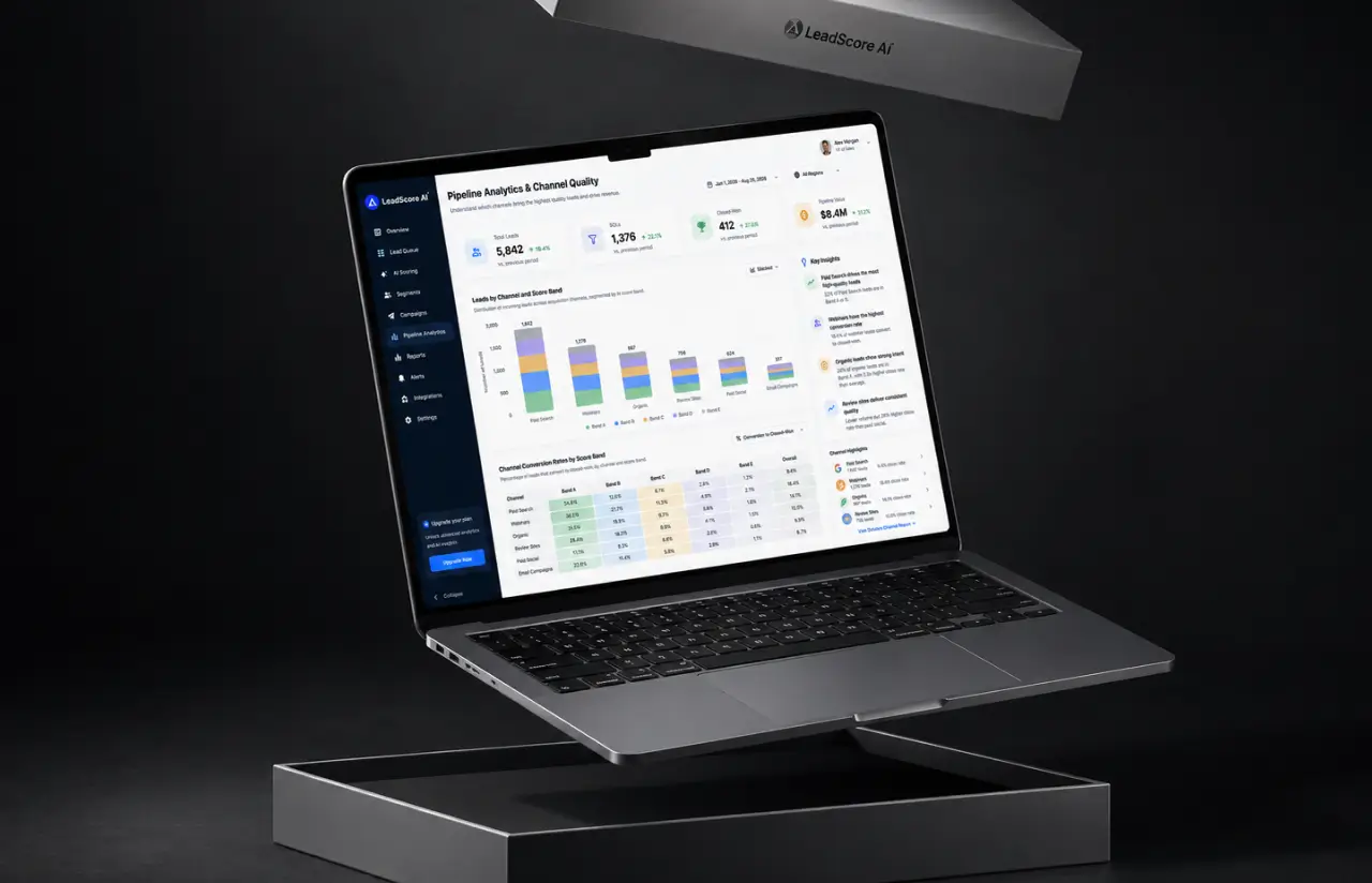 Laptop showing pipeline analytics with a stacked bar chart of lead quality by channel and a per-channel breakdown table