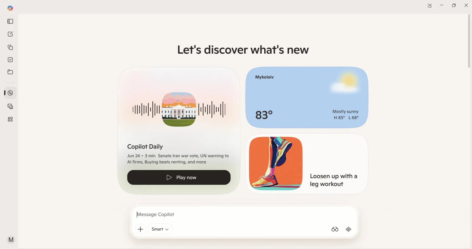 Microsoft Copilot desktop app home screen with a daily briefing card and suggestion tiles