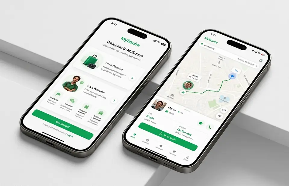 Two MySquire app screens: role onboarding and live tracking of a guide en route with a 3-minute ETA