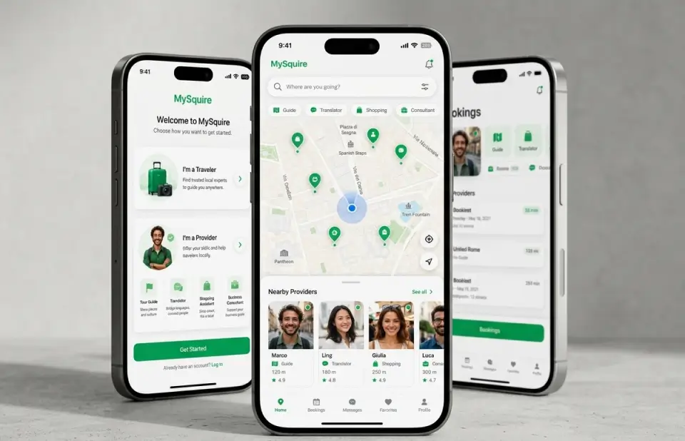 Three MySquire app screens: role onboarding, a map of nearby providers, and a bookings list