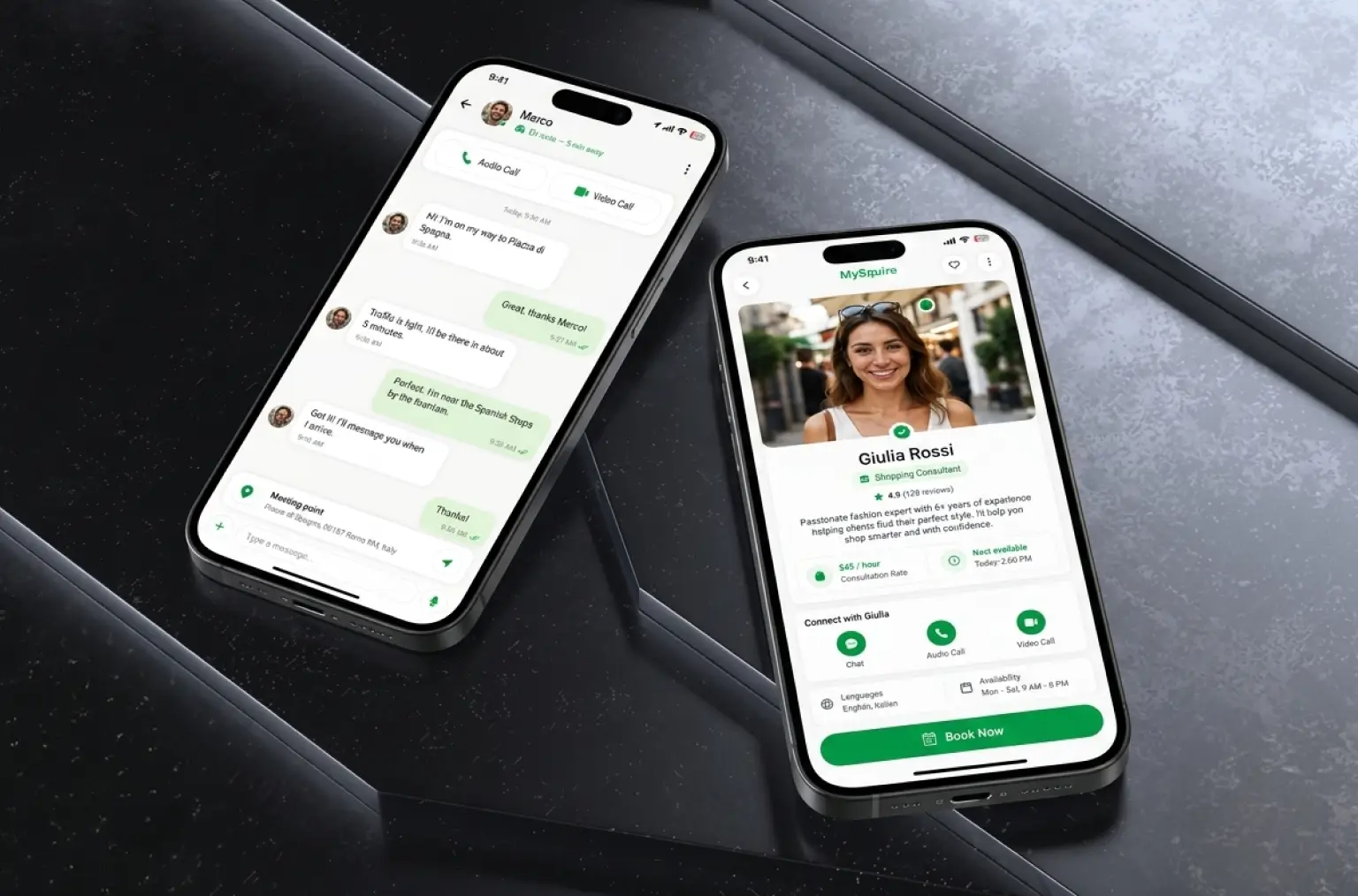 Two MySquire app screens: an in-app chat with a guide and a shopping consultant profile with chat, audio, and video call options