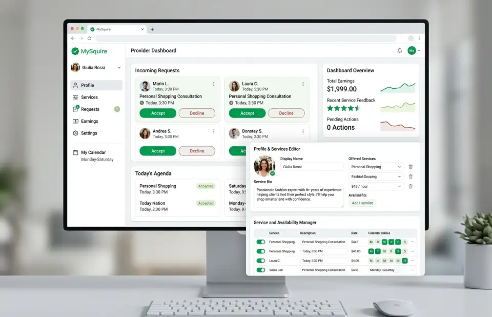 MySquire provider dashboard on a desktop monitor showing incoming requests, today's agenda, and an earnings overview