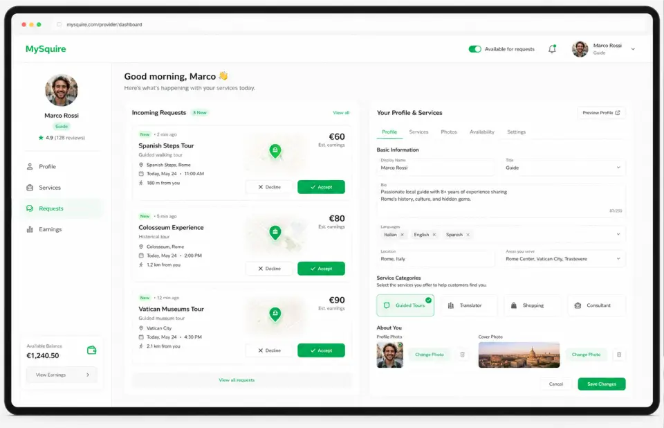 MySquire provider web dashboard showing incoming tour requests and a profile and services editor