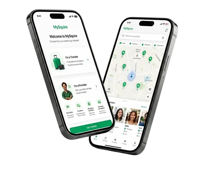 MySquire tour guide app on two iPhones: role onboarding and a live map of nearby local providers
