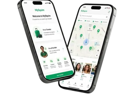 MySquire tour guide app on two iPhones: role onboarding and a live map of nearby local providers