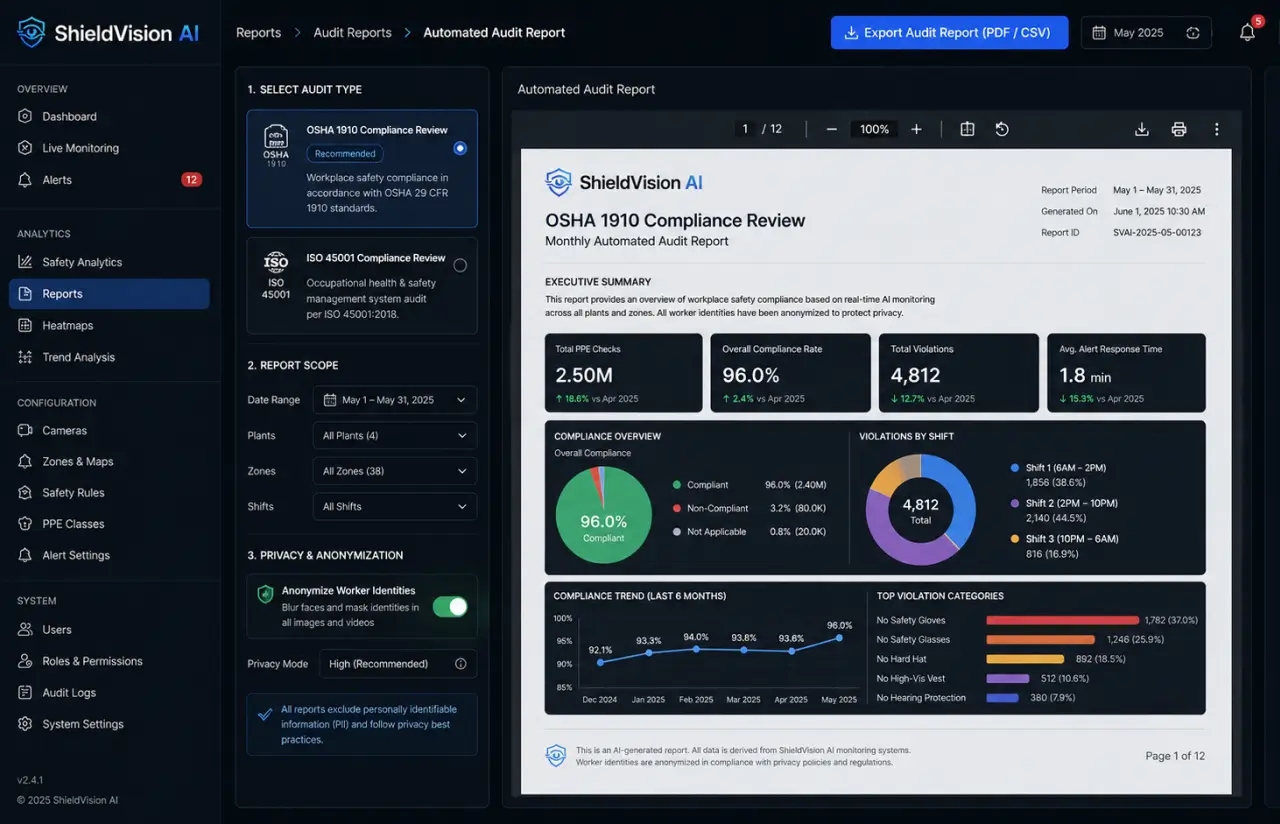 Automated audit report screen with OSHA 1910 and ISO 45001 review options, report scope filters, anonymization settings and a generated compliance report