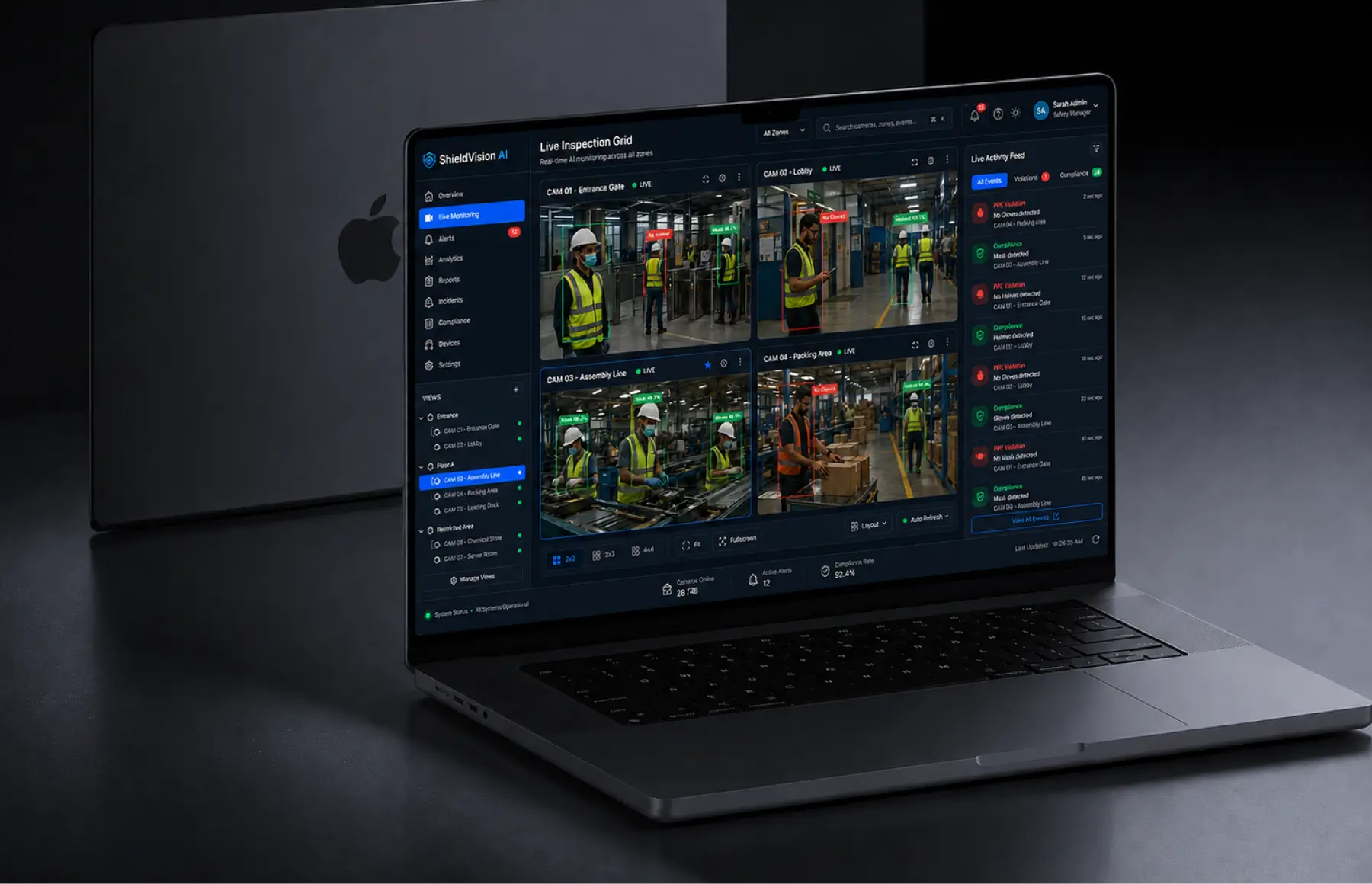 ShieldVision AI live inspection grid with four camera feeds, a Views tree grouping cameras by zone, and a live activity feed of PPE violations and compliance events