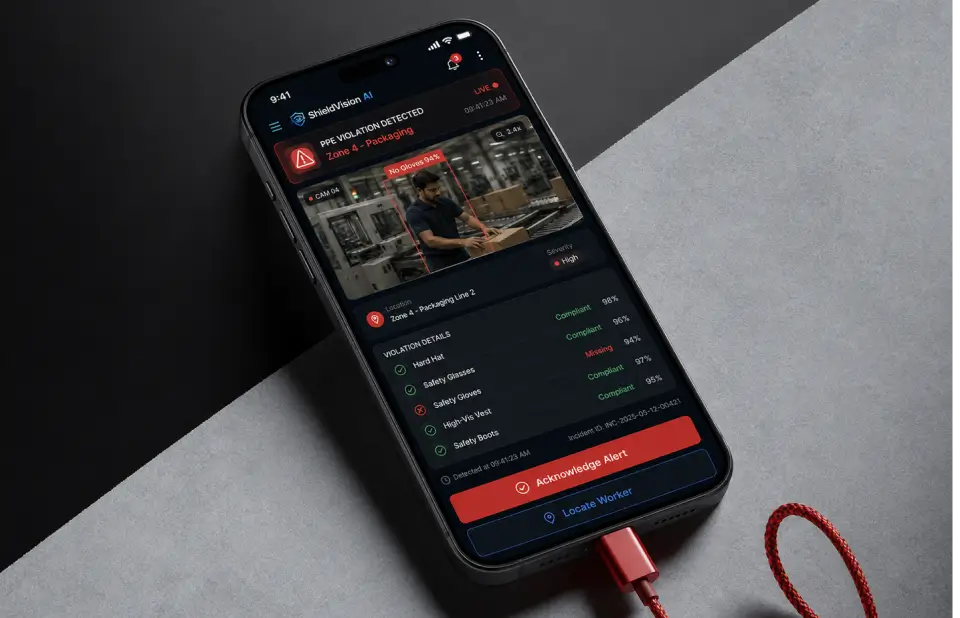 Phone showing a PPE violation alert for a packaging zone with the camera frame, a per-item compliance breakdown and Acknowledge Alert and Locate Worker buttons