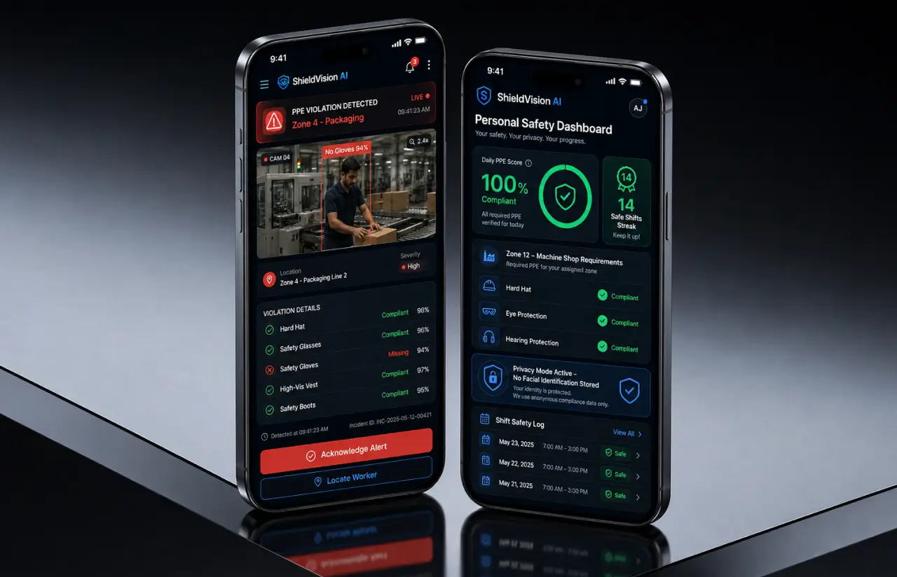 Two phone screens side by side: a PPE violation alert for a supervisor and a worker's personal safety dashboard showing a 100% daily PPE score and a safe-shift streak