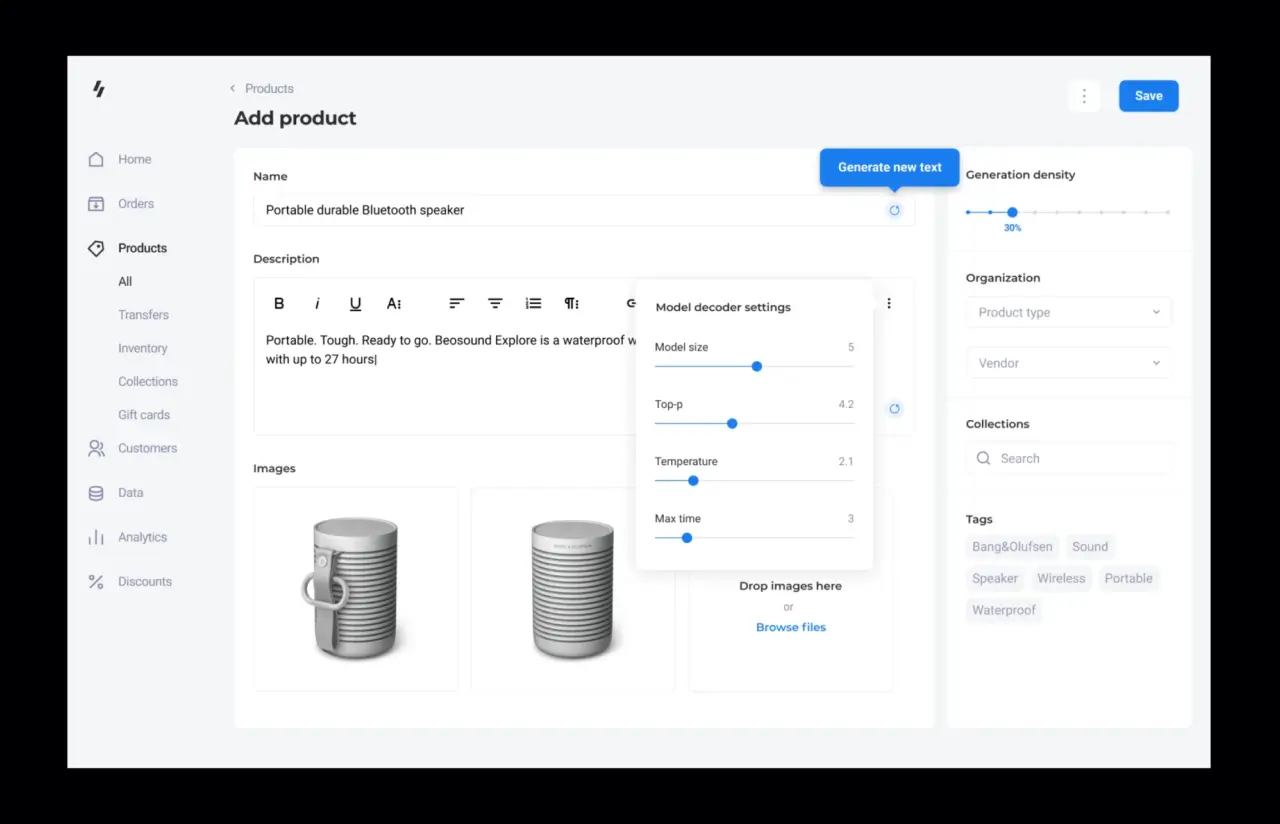 Add product screen with the Generate new text control, the generation density slider and the model decoder settings panel showing model size, top-p, temperature and max time