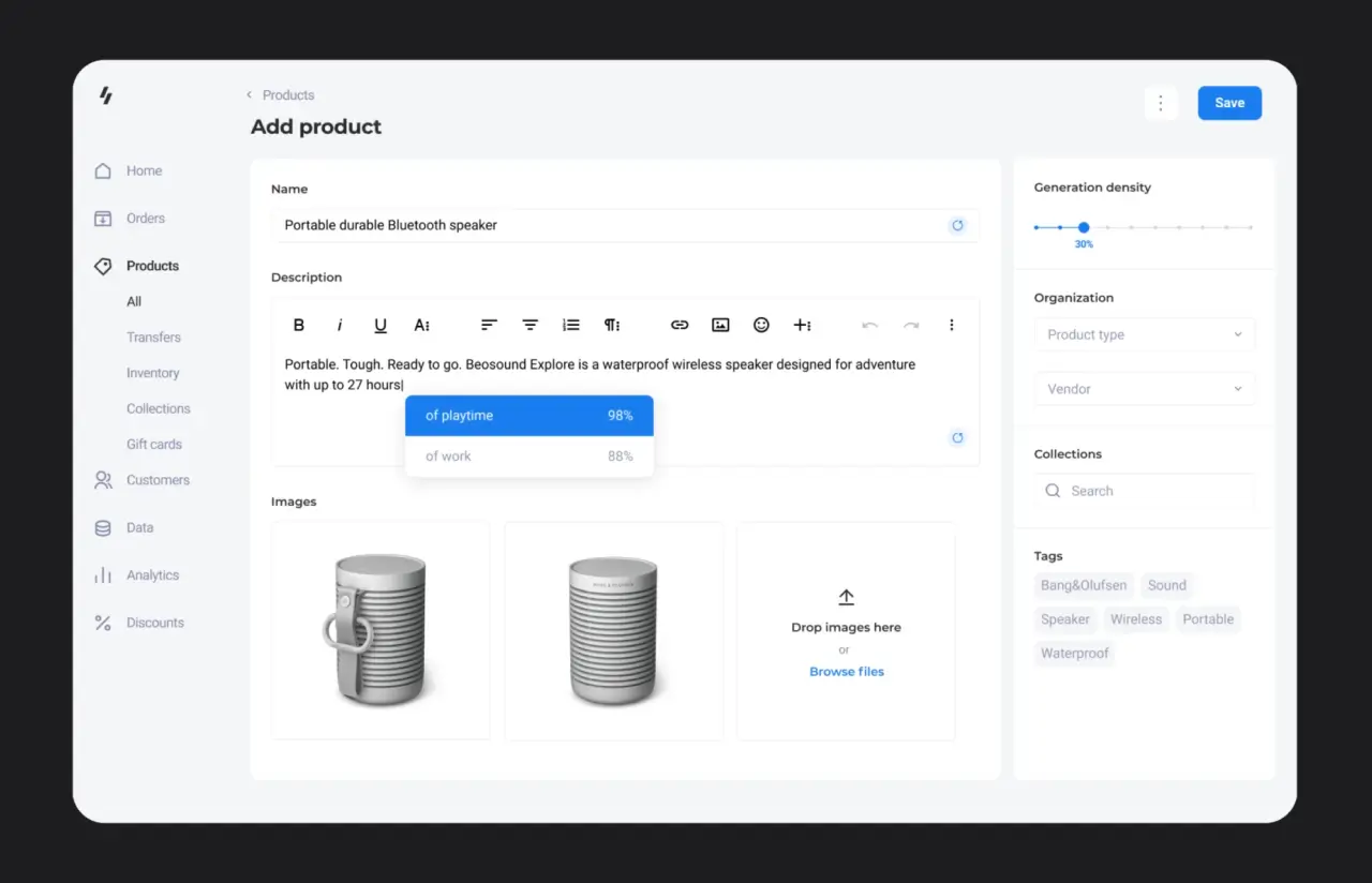 Add product screen showing two inline text continuations offered under the cursor, each with a confidence score