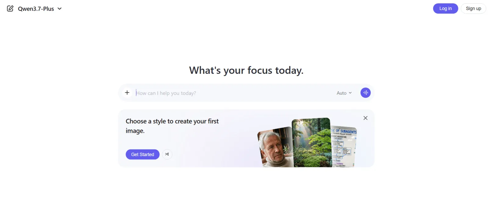 Qwen chat home screen with a prompt box and an image-style picker banner
