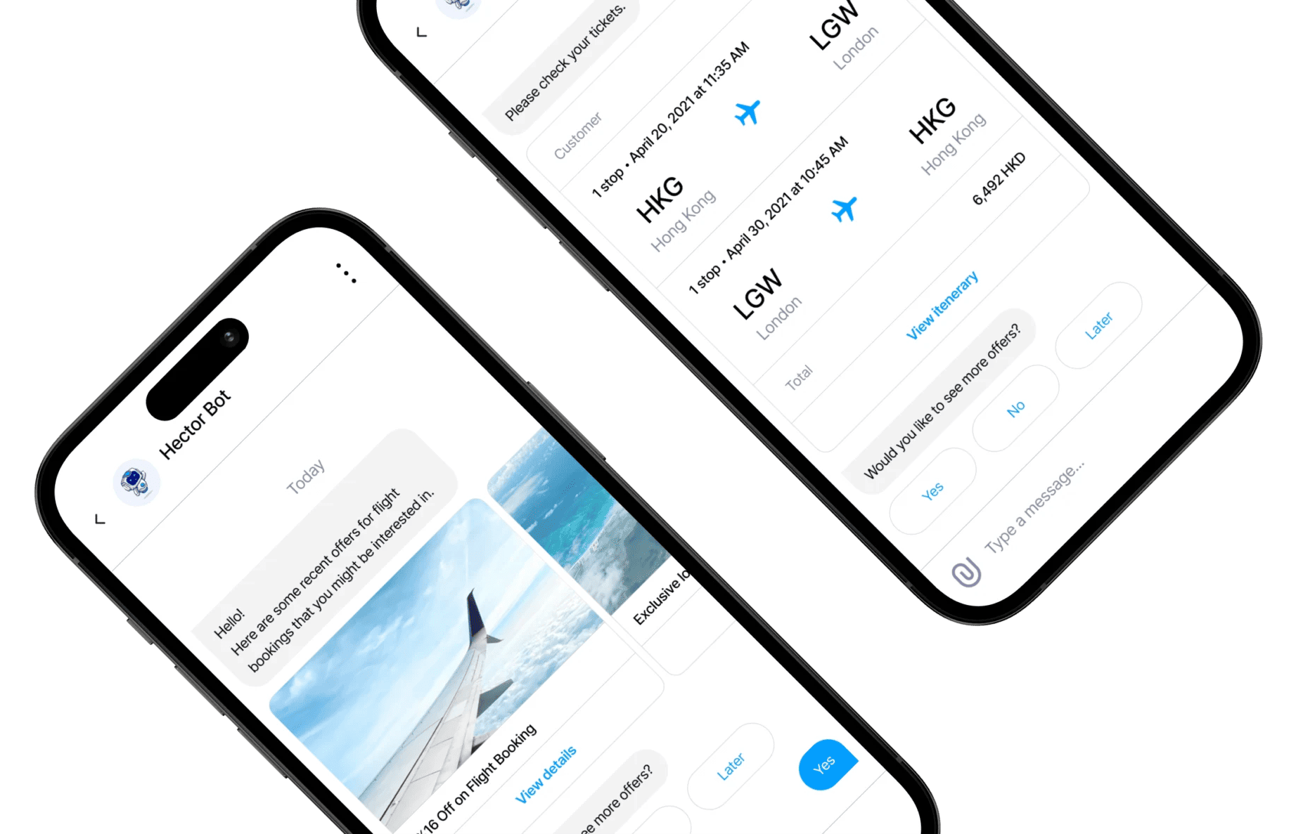 Two phones showing the AI Travel Bot chat: flight offers with photos, and a ticket summary for Hong Kong to London with the total fare