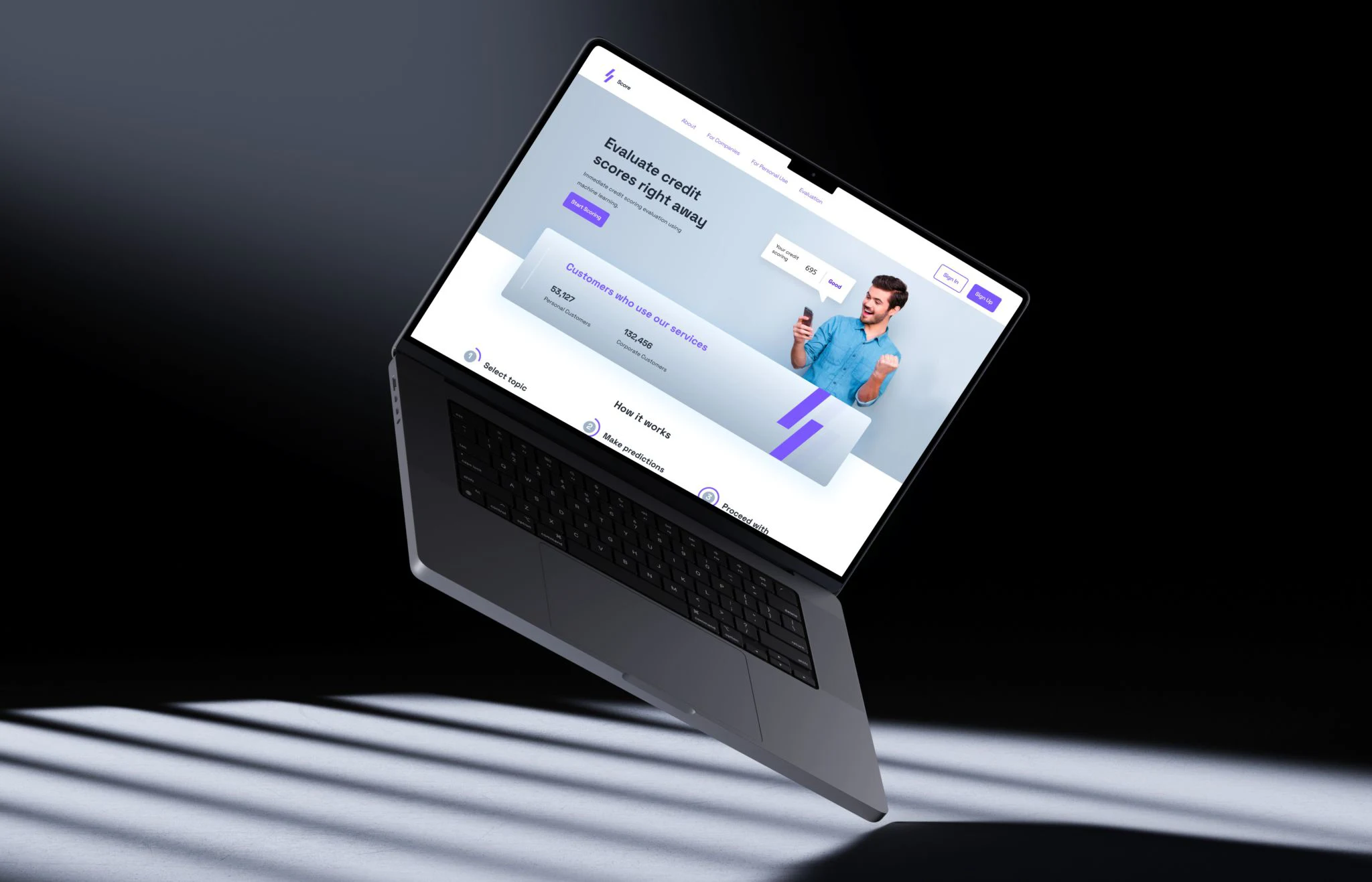 Credit scoring evaluation landing page on a laptop showing an instant credit score of 695 rated Good