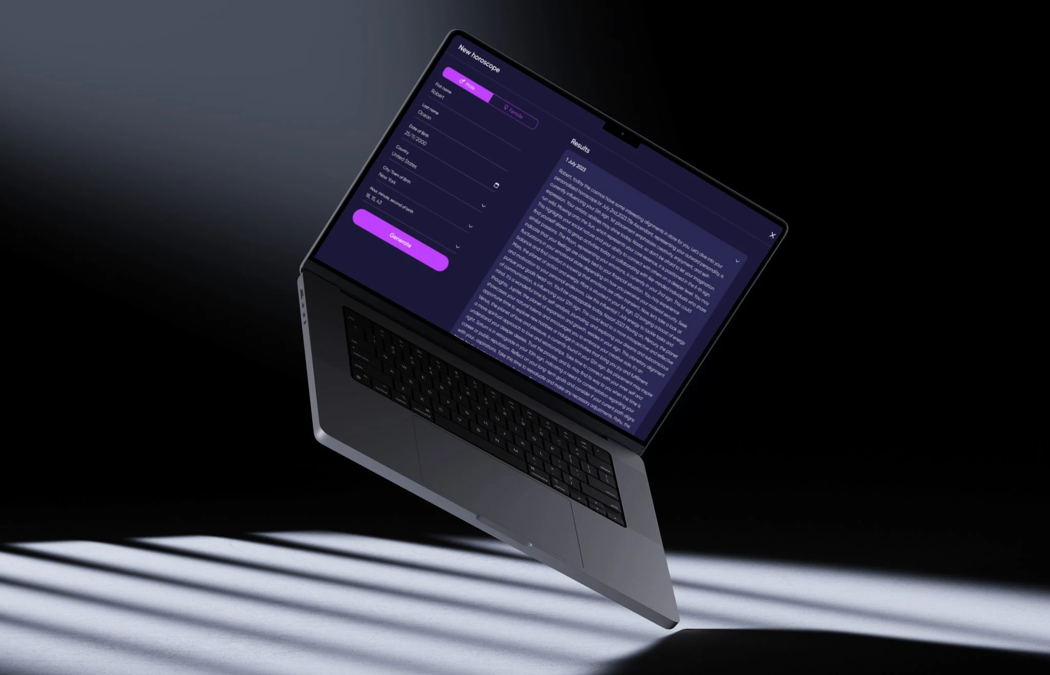 AI horoscope generator on a laptop with a birth-details form and a generated horoscope in the results panel
