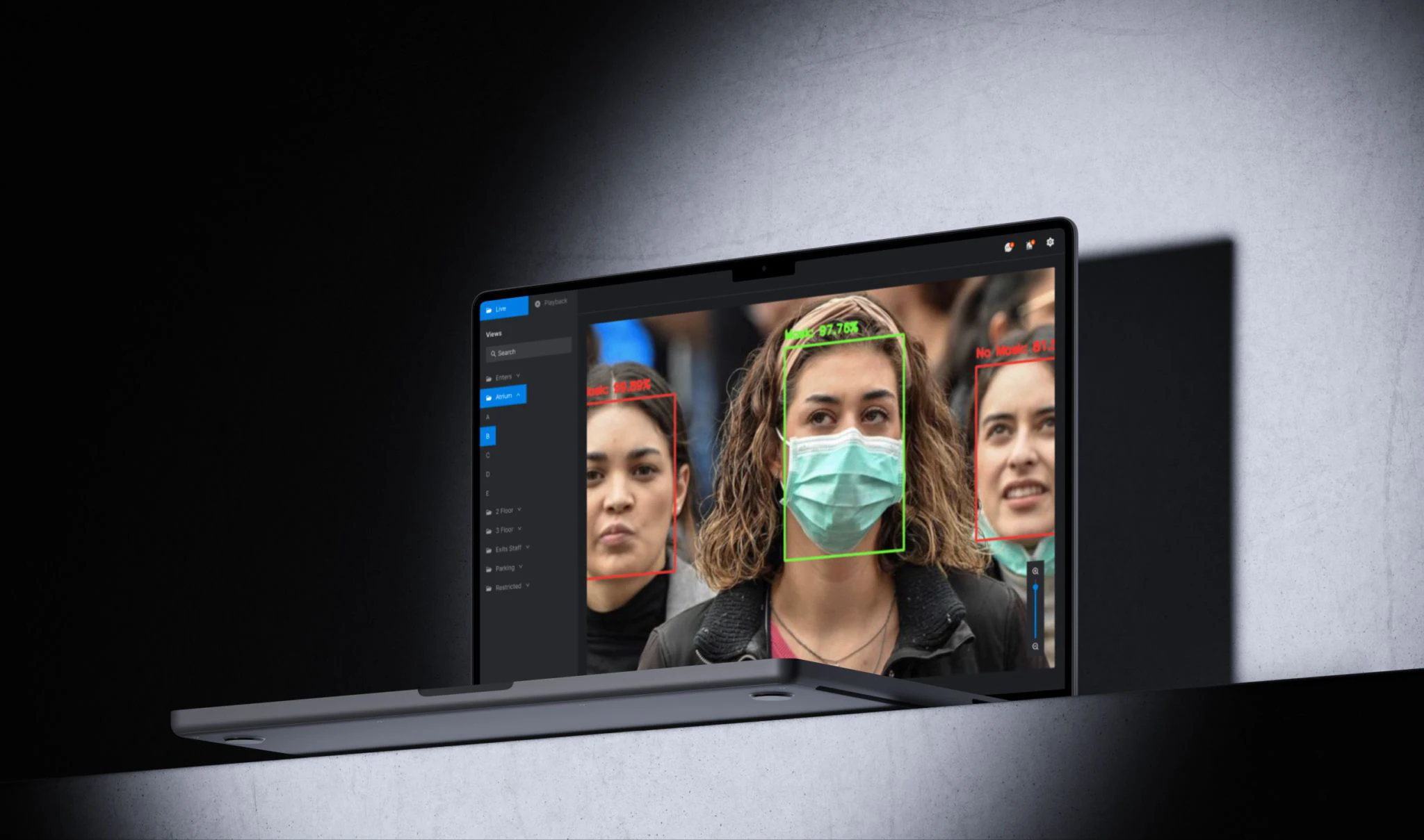 Live video view detecting face masks in a crowd, with a green box reading Mask 97% and red boxes flagging people with no mask