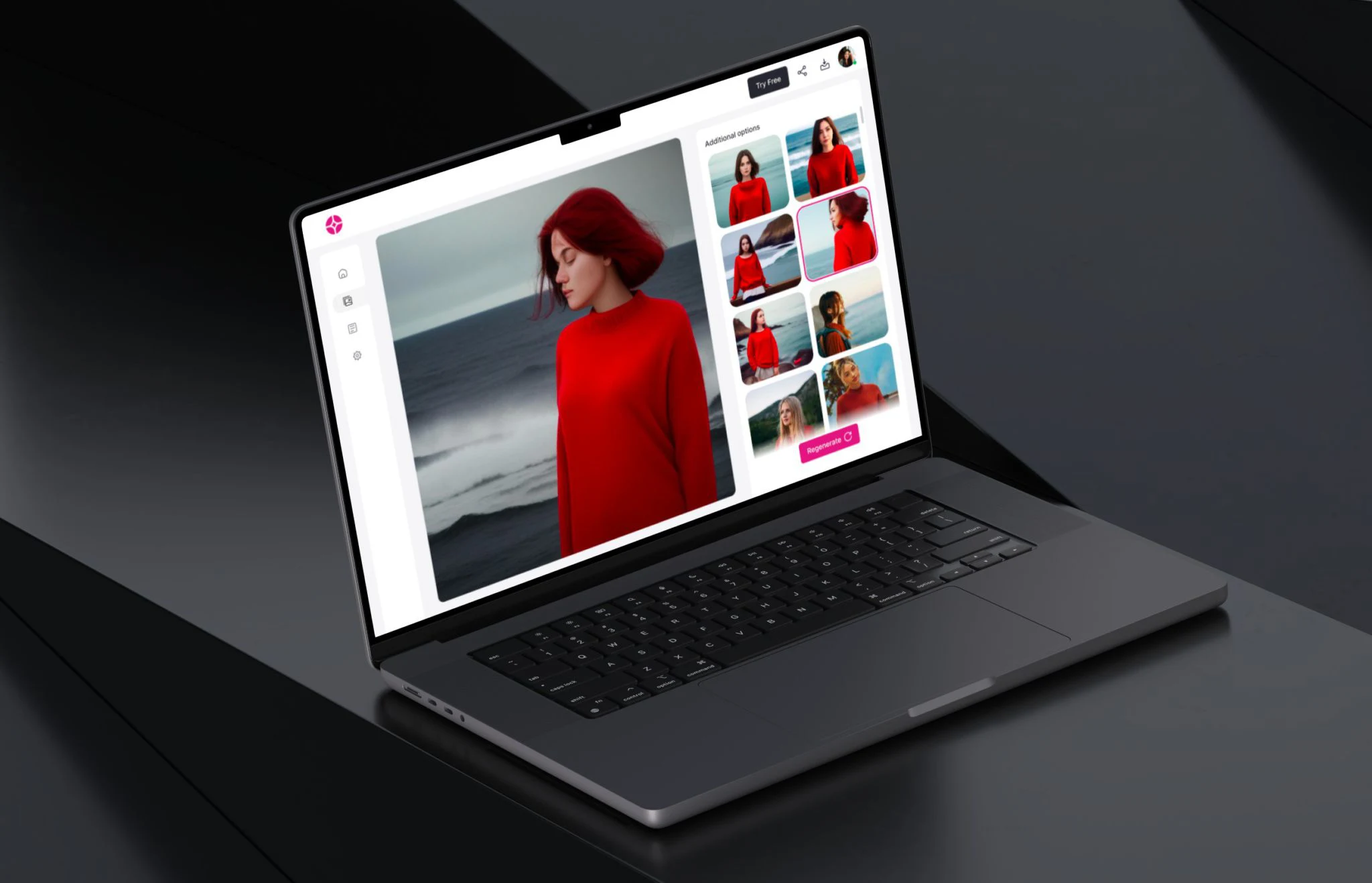 AI e-commerce product photo generator on a laptop showing generated model photos and a Regenerate button