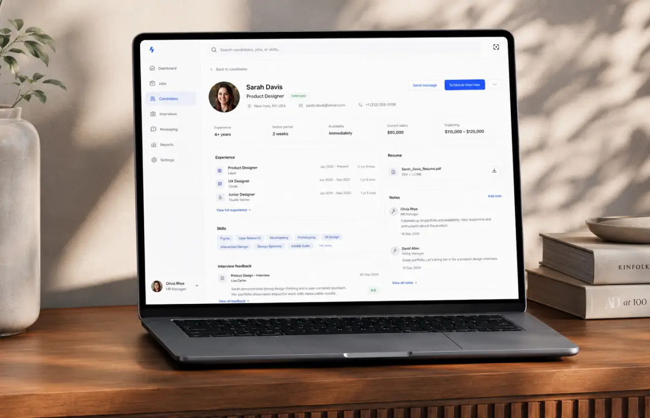 Parsed candidate profile showing experience, skills tags, the resume file, expected salary and recruiter interview-feedback notes