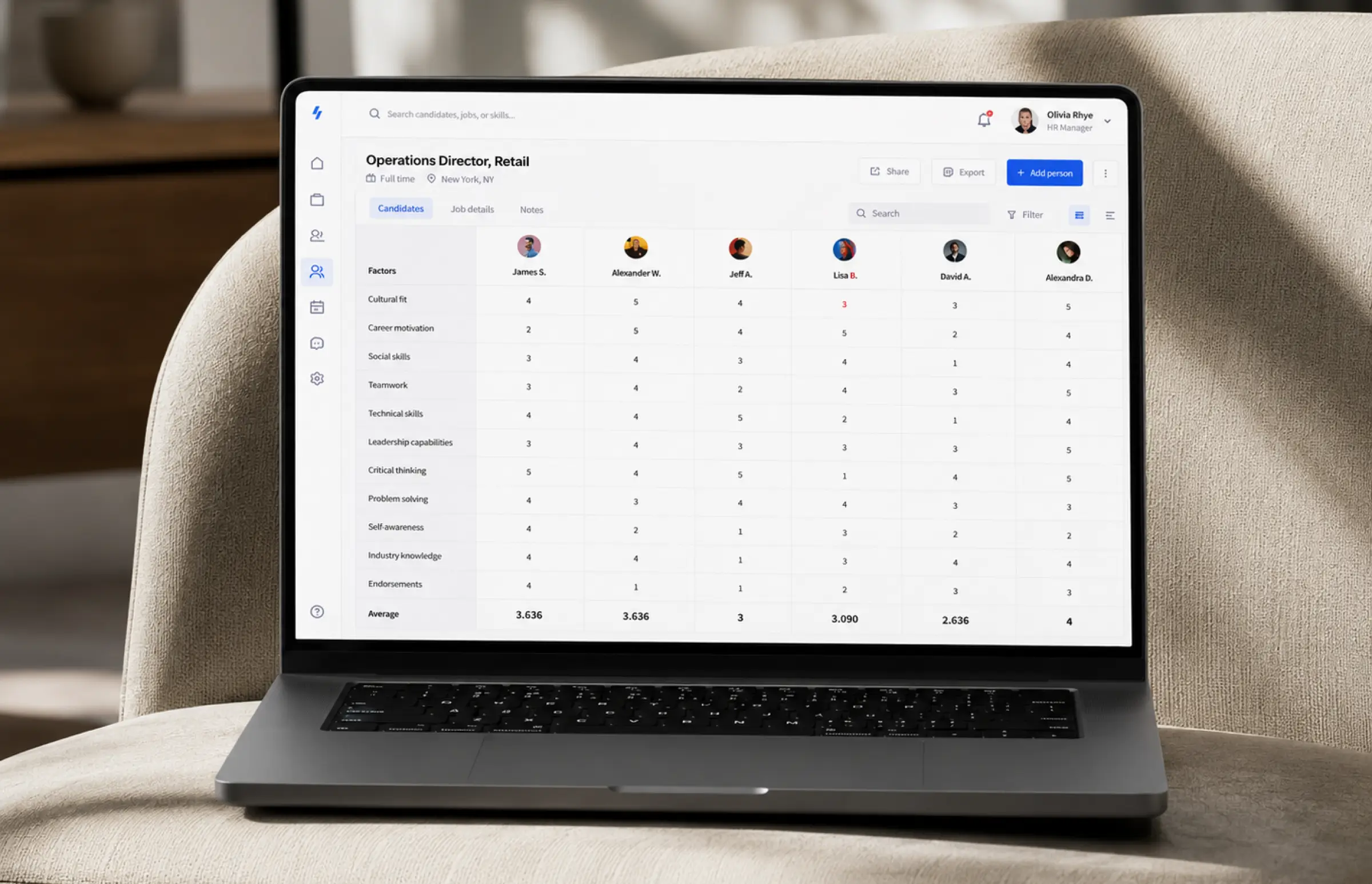 Candidate scoring matrix comparing six applicants across eleven factors including cultural fit, career motivation, social skills, teamwork, technical skills, leadership, critical thinking, problem solving, self-awareness, industry knowledge and endorsements, with an average score per candidate