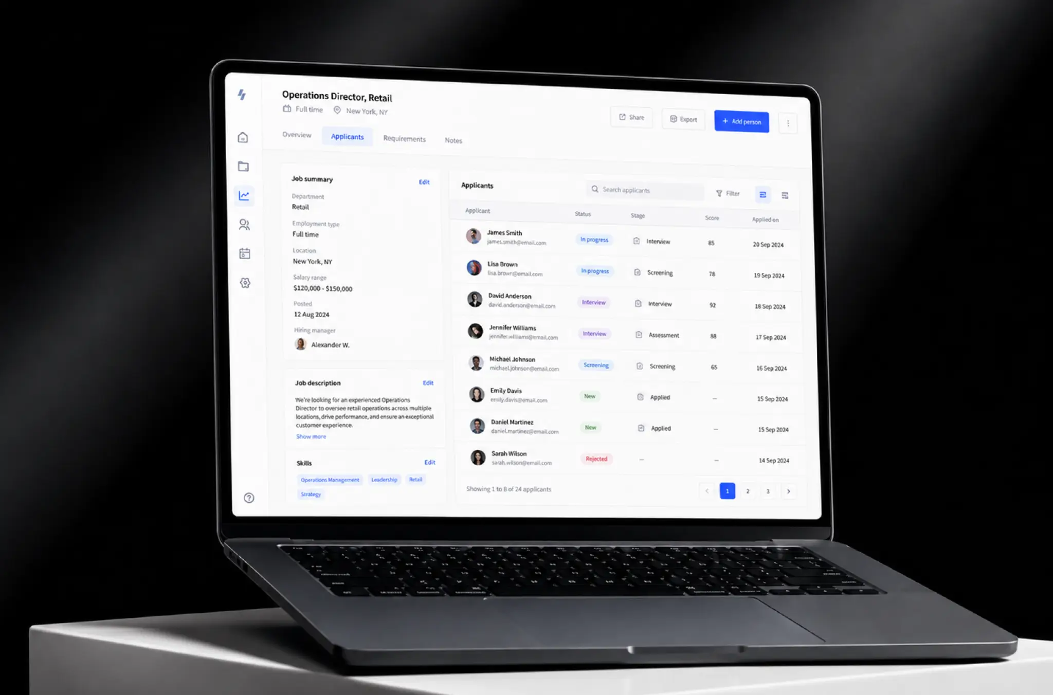 Applicants list for an Operations Director role, each candidate with status, stage and a numeric score, in the recruiter pipeline