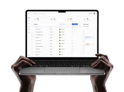 Recruiter dashboard of the resume parsing software on a laptop, showing opened jobs with applicant counts, screening, interview and negotiation stats, and today's interview schedule