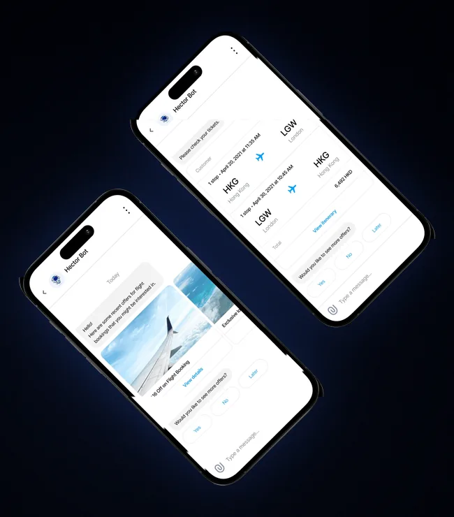 AI travel assistant chat on two phones showing a flight offer and a London to Hong Kong itinerary.