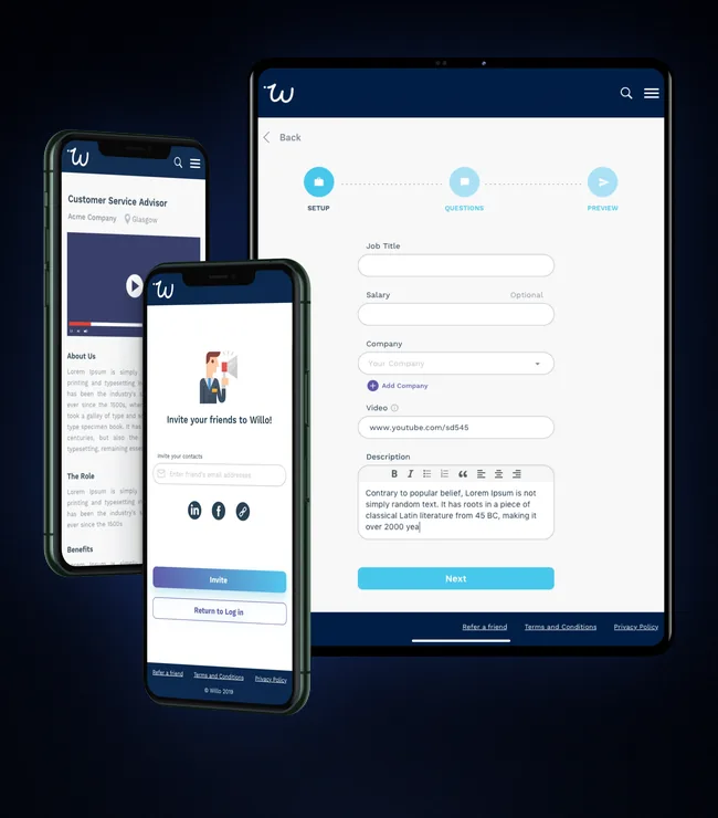 Willo video interviewing platform: the interview setup form on a tablet with the candidate and invite screens on phones.
