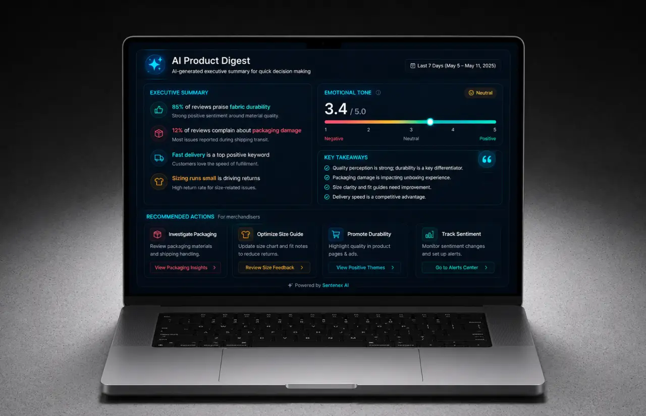 Laptop showing the AI Product Digest: an executive summary of review themes, an emotional tone score of 3.4 out of 5, key takeaways and recommended actions for merchandisers