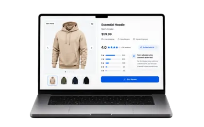 Laptop showing a hoodie product page with a 4.0 rating from 128 reviews, a Refined with AI badge, and the star rating distribution