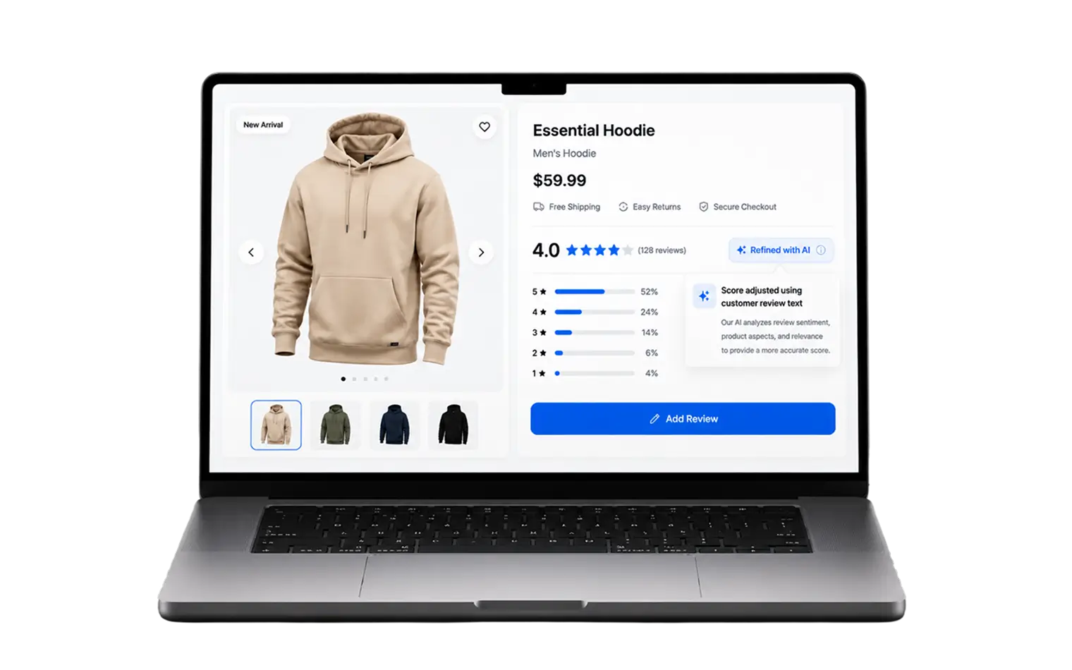 Laptop showing a hoodie product page with a 4.0 rating from 128 reviews, a Refined with AI badge, and the star rating distribution